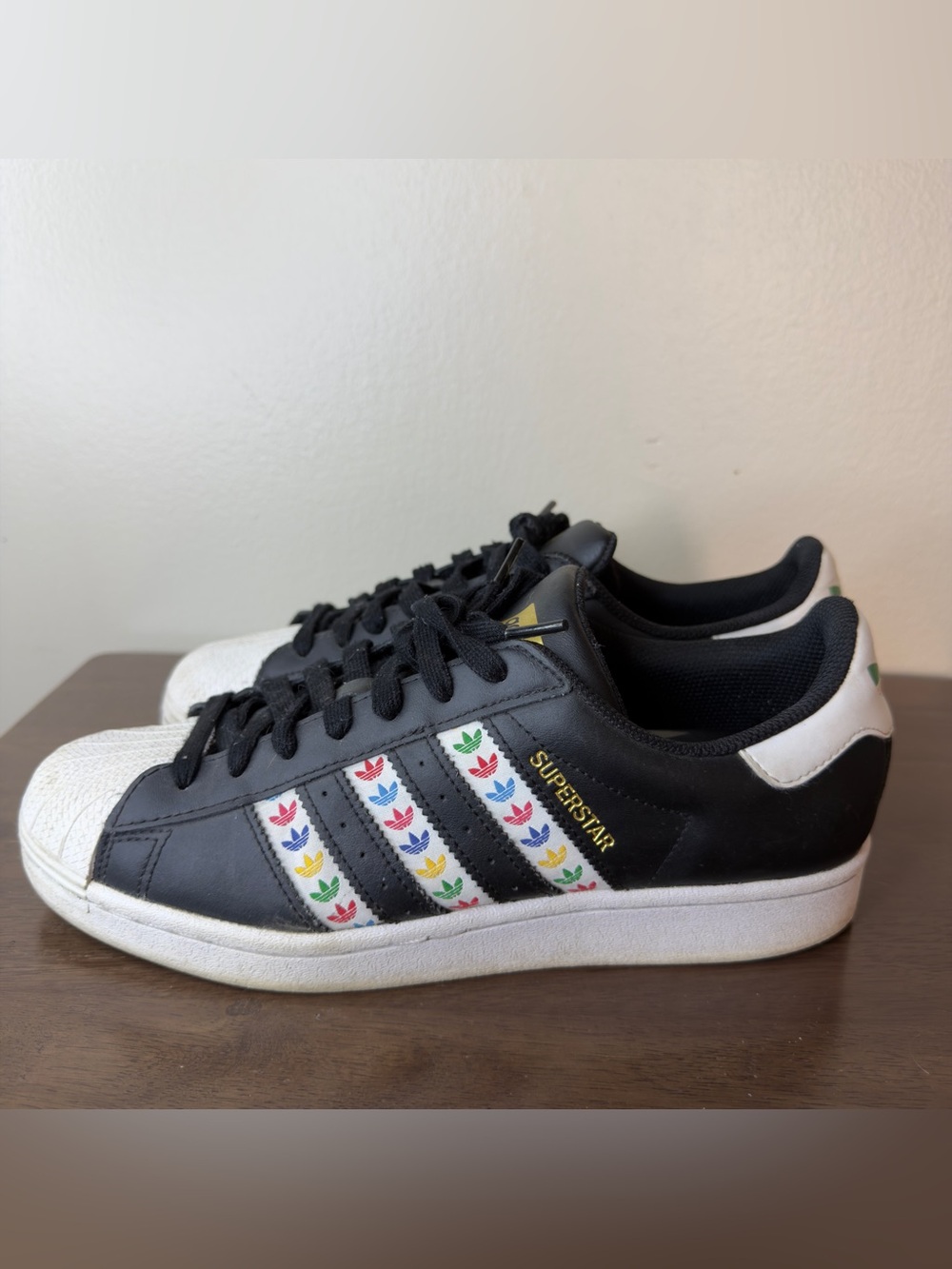 Adidas Superstar Black Multi Colored Trefoil Stripes Sneakers 7.5 Mens